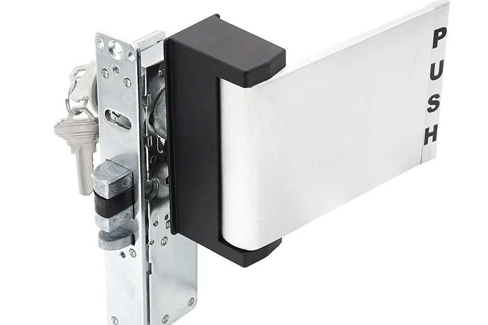 Storefront door push-pull handle lock in satin stainless steel