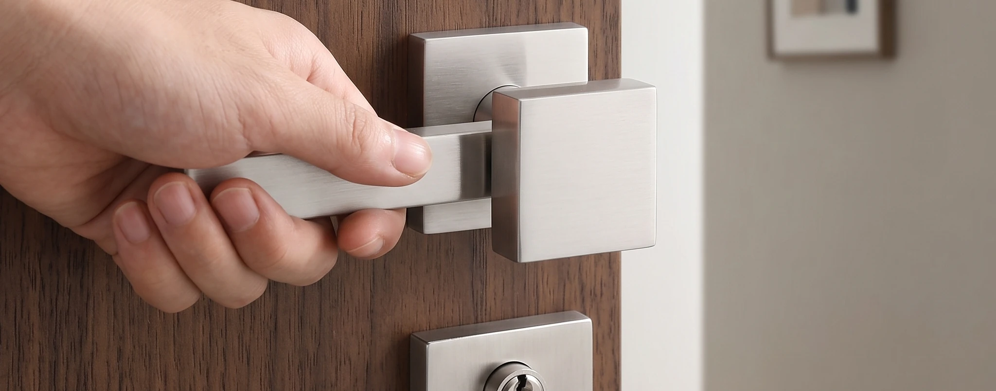 Satin stainless square lever handle and cylinder escutcheon on a walnut door